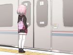  1girl ahoge black_footwear black_jacket blue_hair boots commentary_request facing_away from_behind ground_vehicle highres hood hood_down hooded_jacket idolmaster idolmaster_cinderella_girls jacket multicolored_hair pink_hair skirt solo standing streaked_hair thighhighs thighhighs_under_boots train train_station train_station_platform white_legwear white_skirt yukie_(kusaka_shi) yumemi_riamu 