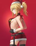  1girl arched_back ass back bangs bare_arms bare_shoulders belt blonde_hair box braid breasts eyebrows_visible_through_hair fate/apocrypha fate_(series) from_side gift gift_box green_eyes grin hat highres long_hair looking_at_viewer looking_to_the_side meme_attire mordred_(fate) mordred_(fate)_(all) ponytail profile red_background red_sweater santa_hat sideboob simple_background small_breasts smile solo sweater teeth thighs tonee virgin_killer_sweater 