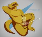  anthro bodily_fluids cum cumshot cut_(disambiguation) disembodied_hand ejaculation genital_fluids kobold male maodun slightly_chubby solo yellow_body yellow_skin 