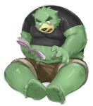  2013 anthro belly black_nose blush book bottomwear bulge clothing fur green_body green_fur kemono kita_9999 male mammal overweight overweight_anthro overweight_male reading shirt shorts simple_background sitting solo topwear ursid white_background 
