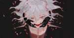  bangs black_skin chain collarbone colored_skin commentary_request danganronpa_(series) danganronpa_another_episode:_ultra_despair_girls face finger_in_another&#039;s_mouth gloves grey_eyes hands_on_another&#039;s_face highres komaeda_nagito looking_at_viewer male_focus medium_hair messy_hair nail_polish open_mouth pill red_shirt saliva shirt silver_nails solo teeth upper_body white_hair xiwang_xintu 