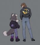  2019 anthro boots bottomwear brown_hair canid canine canis clothing crossover duo facial_hair footwear fur hair hi_res human jacket konami male mammal metal_gear nintendo pants raspbearyart red_eyes simple_background solid_snake star_fox topwear video_games wolf wolf_o&#039;donnell 