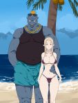  1boy 1girl absurdres beach bikini blonde_hair blue_skin breasts cleavage cloud coconut_tree colored_skin couple day elf expressionless highres long_hair looking_at_viewer micro_bikini mikazukisou monster navel ocean orc original outdoors palm_tree pointy_ears shore sky swimsuit torso_grab tree tropical water 