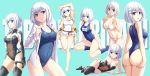  ass bikini blue_eyes bodysuit breasts cleavage date_a_live fish.boy kneehighs navel school_swimsuit shirt short_hair swimsuit tobiichi_origami white_hair 