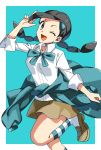  1girl ankle_socks black_hair blue_background candice_(pokemon) clothes_around_waist gym_leader hair_ornament leg_up long_hair looking_at_viewer multi-tied_hair one_eye_closed pokemon pokemon_(game) pokemon_dppt ribbon school_uniform sweater sweater_around_waist twintails v yuihico 