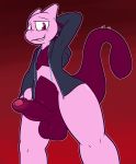  2020 anthro balls big_balls big_penis black_clothing black_hoodie black_topwear bottomless clothed clothing erection foreskin fur genitals glans hand_behind_head hi_res hoodie legendary_pok&eacute;mon looking_at_viewer looking_down low-angle_view male mewtwo motion_lines nintendo open_clothing open_hoodie open_topwear pat_(lapatte) penis pink_body pink_fur pok&eacute;mon pok&eacute;mon_(species) purple_balls purple_body purple_fur purple_penis raised_tail red_background red_glans simple_background solo thick_thighs topwear ultilix uncut video_games 