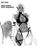  1boy 1girl abs belt dark_elf dark_skin dark_skinned_female elf looking_at_viewer monochrome monster navel orc original pointy_ears sword toned translation_request trapd tusks weapon 