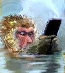  2020 ambiguous_gender blue_background cellphone digital_media_(artwork) digital_painting_(artwork) feral fur haplorhine hi_res looking_at_object looking_at_phone mammal meme monkey partially_submerged phone pink_body pink_skin primate rythaze simple_background smartphone solo water yellow_body yellow_fur 