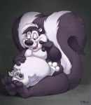  2020 anthro belly big_belly black_body black_fur canid canine canis claws duo fur grey_body grey_fur hug looney_tunes love_handles macro male male/male mammal mephitid nude overweight paws pep&eacute;_le_pew sitting size_difference skunk smile teaselbone teaselbone_(character) thick_thighs warner_brothers white_body white_fur wolf 