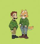  2019 anthro blue_eyes boots brown_hair canid canine clothing crossover duo facial_hair footwear fox fox_mccloud fur green_eyes hair hi_res human jacket luigi male mammal mario_bros nintendo raspbearyart simple_background star_fox sweater topwear video_games 