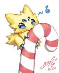  2020 ambiguous_gender blue_eyes candy candy_cane dessert eating fluffy food fur gingy_k_fox joltik micro musical_note nintendo pok&eacute;mon pok&eacute;mon_(species) shaded simple_background solo video_games white_background yellow_body yellow_fur 
