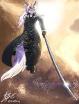  2020 anthro clothed clothing cosplay fur hair hi_res horn longcoat male mammal melee_weapon purple_body purple_fur scottfraser sephiroth solo sword weapon white_hair 