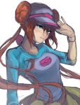  1girl bangs blue_eyes breasts brown_hair closed_mouth double_bun eyebrows_visible_through_hair hagioshi hair_between_eyes hat_tip highres long_hair pokemon pokemon_(game) pokemon_bw2 raglan_sleeves rosa_(pokemon) shirt sidelocks simple_background skirt small_breasts solo upper_body visor_cap white_background yellow_skirt 