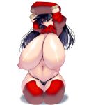  1girl absurdres amputee arms_up black_hair blue_eyes breasts curvy gigantic_breasts hat highres long_hair looking_at_viewer masao mouth_hold navel nipples original panties puffy_sleeves quadruple_amputee shirt_lift solo underwear 