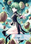  1girl absurdres bangs black_dress blue_eyes breasts dress eyebrows_visible_through_hair fish.boy flipped_hair floating floating_rock green_eyes green_hair highres levitation looking_at_viewer no_panties one-punch_man short_hair side_slit small_breasts solo tatsumaki telekinesis 