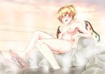  1boy 1girl :o alternate_hairstyle areolae blonde_hair blush breasts censored commentary_request completely_nude crystal cum fang flandre_scarlet footjob hair_bun highres kagiyama_pandra mosaic_censoring nipples nude onsen penis red_eyes rock short_hair slit_pupils small_breasts solo_focus steam touhou water wings 