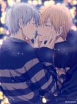 2boys bangs black_jacket black_sweater blonde_hair blue_eyes blue_hair blurry blush casual commentary_request couple earrings eye_contact face-to-face hair_between_eyes hands_on_another&#039;s_cheeks hands_on_another&#039;s_face hood hood_down hooded_jacket imminent_kiss jacket jewelry kise_ryouta kuroko_no_basuke kuroko_tetsuya light_particles long_sleeves looking_at_another male_focus mashima_shima multiple_boys open_mouth parted_lips short_hair striped striped_sweater sweater twitter_username upper_body yaoi yellow_eyes 