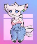  absurd_res anthro blush bra camelid clothing ear_piercing embarrassed female hi_res industrial_piercing leah_(leo_llama) leo_llama llama looking_at_viewer mammal overalls piercing simple_background solo standing tailwag underwear wardrobe_malfunction 