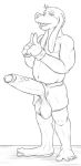  2019 5_fingers 5_toes anthro balls big_balls big_penis boxers_(clothing) canid canine canis clothing disney domestic_dog erection feet fingers foreskin genitals gloves goofy_(disney) handwear hi_res humanoid_feet humanoid_genitalia humanoid_penis hyper line_art male mammal monochrome navel penis sarvak simple_background slightly_chubby solo standing toes underwear vein veiny_penis white_background 