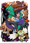  1boy ;d bangs black_hair black_pants capri_pants commentary_request dartrix decidueye elio_(pokemon) gen_7_pokemon grey_eyes halloween happy_halloween highres holding holding_pokemon looking_at_viewer male_focus one_eye_closed open_mouth orange-framed_eyewear pants pokemon pokemon_(creature) pokemon_(game) pokemon_sm rowlet shiny shiny_hair shirt shoes short_sleeves smile star_(symbol) striped striped_shirt teeth tongue yamanashi_taiki 