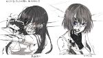  2girls bangs blood blood_on_face blue_eyes breasts character_name choukai_(kantai_collection) glasses gloves greyscale hagioshi hair_ornament headgear injury kantai_collection long_hair maya_(kantai_collection) monochrome multiple_girls open_mouth red_eyes remodel_(kantai_collection) searchlight short_hair simple_background sleeveless spot_color upper_body x_hair_ornament 