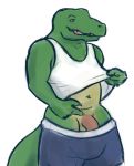  alligator alligatorid anthro clothed clothing crocodilian genitals humanoid_genitalia humanoid_penis male maodun partially_clothed penis reptile scalie shirt slightly_chubby solo tank_top topwear underwear underwear_down 