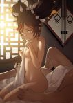  1boy 1girl black_hair blvefo9 breasts brown_eyes closed_mouth collarbone english_commentary genshin_impact indoors looking_at_viewer mixed-language_commentary multicolored_hair navel nipples nude red_hair short_hair sitting small_breasts solo_focus streaked_hair twintails xinyan_(genshin_impact) 