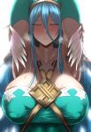  1girl armpit_hair armpits arms_behind_head azura_(fire_emblem) blonde_hair blue_hair blush breasts covered_nipples elbow_gloves fire_emblem fire_emblem_fates gloves grin hair_between_eyes highres large_breasts long_hair mole simple_background smile solo sweat tanishi_(tani4) white_background 