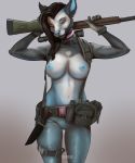  absurd_res anthro blue_body blue_fur breasts canid canine canis collar female fox fur ghost738589 gun hair heart_marking hi_res knife mammal nipples pink_collar ranged_weapon reptile rifle roxie scalie snake solo viper weapon wolf 