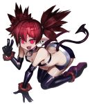 1girl bat_wings boots braid buckle choker demon_girl demon_tail disgaea earrings elbow_gloves etna eyebrows_visible_through_hair fang flat_chest gloves hair_between_eyes jewelry looking_at_viewer mamushi miniskirt o-ring o-ring_choker pointy_ears red_eyes red_hair sidelocks skirt skull_earrings smile solo tail thighhighs twintails v wings 