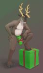  2020 4_fingers anthro antlers brown_body brown_fur bulge capreoline cervid clothing fingers front_view fur gift gradient_background green_clothing green_underwear hooves horn keytoed looking_at_viewer male mammal navel nipples pudgy_belly reindeer ribbons signature simple_background smile solo underwear 