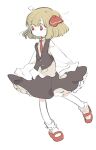  1girl ahoge ankle_socks arms_at_sides bangs black_skirt black_vest blonde_hair bob_cut bobby_socks bright_pupils closed_mouth expressionless eyebrows_visible_through_hair eyes_visible_through_hair frills from_side full_body hair_between_eyes hair_ribbon jpeg_artifacts kinnkonnsousai leg_up long_sleeves looking_away looking_to_the_side mary_janes medium_skirt necktie no_nose petticoat pleated_skirt red_eyes red_footwear red_necktie red_ribbon ribbon rumia shirt shoes short_hair simple_background skirt skirt_set sleeves_past_wrists socks solo standing strap_slip swept_bangs tareme touhou vest white_background white_legwear white_shirt wide_sleeves wing_collar yellow_pupils 
