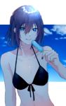  1girl bangs bikini black_bikini blue_nails blue_sky breasts brown_eyes brown_hair cloud collarbone day food food_in_mouth hair_between_eyes highres holding kantai_collection licking_lips looking_at_viewer nail_polish outdoors popsicle rinto_(rint_rnt) sendai_(kantai_collection) short_hair sky small_breasts solo swimsuit tongue tongue_out two_side_up upper_body 