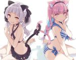  2girls animal_ears bikini bikini_skirt black_bikini cat_ears cat_tail collar collarbone criss-cross_halter eyebrows_visible_through_hair front-tie_bikini front-tie_top halterneck highlights hololive intertwined_tails looking_at_viewer minato_aqua mizoguchi_keiji multicolored_hair multiple_girls murasaki_shion pink_eyes pink_hair ribbon sailor_bikini sailor_collar side-tie_bikini smile streaked_hair striped striped_bikini swimsuit tail tail_ornament tail_ribbon two-tone_hair virtual_youtuber white_background white_hair 