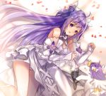  1girl :d ahoge azur_lane bangs bare_shoulders blush bow commentary_request double_bun dress elbow_gloves eyebrows_visible_through_hair feet_out_of_frame fingerless_gloves glint gloves hair_ribbon highres lying microphone on_side open_mouth petals plaid purple_eyes purple_hair ribbon shibaebi_(yasaip_game) sleeveless sleeveless_dress smile solo stuffed_winged_unicorn two_side_up unicorn_(azur_lane) white_bow white_dress white_gloves white_ribbon 