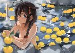  1girl ahoge bangs bathing blue_eyes braid brown_hair food fruit hair_between_eyes hair_flaps hair_ribbon kantai_collection leaf long_hair nude onsen outdoors remodel_(kantai_collection) ribbon rock shigure_(kantai_collection) single_braid smile solo steam sugue_tettou twitter_username wet 