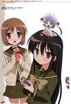  absurdres alastor_(shakugan_no_shana) black_hair blush chibi chibi_on_head eating gift hecate highres holding holding_gift jewelry multiple_girls official_art on_head ootsuka_mai open_mouth pendant ribbon school_uniform shakugan_no_shana shana smile wilhelmina_carmel yoshida_kazumi 