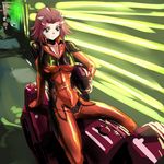  biker_clothes bikesuit bodysuit ground_vehicle izayoi_aki makacoon motor_vehicle motorcycle red_hair solo yellow_eyes yuu-gi-ou yuu-gi-ou_5d's 