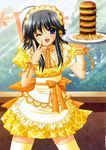  ;d absurdres ahoge apron back_bow bangs blue_eyes blue_sky blush bow breasts contrapposto day dot_nose dress dress_bow eyebrows_visible_through_hair eyelashes eyes_visible_through_hair fingernails food french_fries frilled_apron frilled_shirt_collar frills grey_hair hair_between_eyes hamburger hands_up head_tilt headdress high_collar highres holding holding_tray indoors large_bow legs_apart long_hair looking_at_viewer mayumi_thyme megamac neck_ribbon nishimata_aoi official_art one_eye_closed open_mouth orange_bow orange_ribbon puffy_short_sleeves puffy_sleeves ribbon scan shiny shiny_hair short_dress short_hair_with_long_locks short_sleeves shuffle! sidelocks sky small_breasts smile solo standing thighhighs too_many tray tree w waist_apron waitress window wrist_cuffs yellow_apron yellow_dress yellow_legwear zettai_ryouiki 