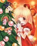  absurdres ahoge amamiya_poran bangs blonde_hair blush character_doll character_request christmas christmas_tree gloves highres holding lilith_(yamibou) looking_at_viewer moldavite one_eye_closed orange_background pom_pom_(clothes) red_eyes santa_costume scan short_hair signature solo sparkle stella_arista yami_to_boushi_to_hon_no_tabibito 