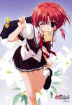  ;) absurdres bag blue_eyes blush dressing flower food food_in_mouth highres kahara_mizuki kamipani! late_for_school leg_up lily_(flower) loafers looking_at_viewer mouth_hold one_eye_closed over_shoulder pleated_skirt red_hair school_uniform shintarou shoes short_hair skirt smile tareme toast toast_in_mouth umbrella 