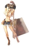  armpits arms_up axe belt blonde_hair blue_eyes boots denim denim_shorts groin hat highres long_hair midriff myung-jin_lee navel official_art pillory poring ragnarok_online shorts smile solo tomboy weapon whitesmith 