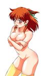  :d anice_farm breast_hold breasts chouon_senshi_borgman crossed_arms earrings from_above half_updo jewelry kouda_tomohiro large_breasts looking_at_viewer nipples nude open_mouth orange_hair red_eyes shiny shiny_skin simple_background smile solo thighhighs white_background 