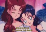  1980s_(style) 2girls artist_name blue_eyes blue_hair closed_eyes dress english_commentary english_text hair_behind_ear hanavbara irene_(red_velvet) korean_text leaning_on_person looking_at_viewer mole mole_under_eye multiple_girls parted_lips real_life red_hair red_velvet_(group) retro_artstyle seulgi_(red_velvet) sleeping smile subtitled white_dress 