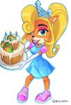  2019 activision anthro blonde_hair cake clothing coco_bandicoot crash_bandicoot_(series) crown dessert eyeshadow female food footwear fruit green_eyes hair hi_res lipstick long_hair makeup mammal marsupial nitroneato open_mouth open_smile plant ponytail signature simple_background smile solo teeth video_games 