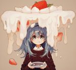  1girl closed_mouth collared_shirt cream food food_on_face fork fruit green_eyes grey_background grey_hair hairband highres holding holding_plate ka_(marukogedago) long_hair long_sleeves original plate red_sweater shirt simple_background solo strawberry sweater upper_body white_shirt 