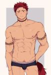  1boy abs animal_ears arm_tattoo bara black_hair black_male_underwear blush boxer_briefs bulge cowboy_shot dog_boy dog_ears dog_tail haozz looking_at_viewer male_focus male_pubic_hair multicolored_hair navel nipples original pectorals pubic_hair red_hair reo_(haozz) scar_on_arm short_hair solo tail tattoo thighs two-tone_hair underwear underwear_only 