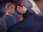  2boys animal_ears aqua_shirt bara bed black_hair black_shirt blue_eyes blush couple dog_boy dog_ears haozz light_brown_hair looking_at_another lying male_focus multicolored_hair multiple_boys on_bed on_side original pectorals pillow red_eyes red_hair reo_(haozz) scar scar_on_cheek scar_on_face shared_blanket shirt short_hair sleeping translation_request two-tone_hair upper_body yaoi 