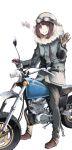  1girl absurdres brown_hair fur_trim gloves goggles goggles_on_headwear green_eyes grin ground_vehicle helmet highres huge_filesize jacket leadin_the_sky motor_vehicle motorcycle smile solo toki_ayano waving white_background yurucamp 