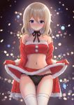  1girl aoyama_blue_mountain backlighting bandeau bare_shoulders black_choker black_panties blonde_hair blue_eyes blurry bokeh breasts choker christmas collarbone commentary_request cowboy_shot crop_top crotch_seam depth_of_field fur_trim gochuumon_wa_usagi_desu_ka? groin hair_between_eyes highres jacket lifted_by_self long_hair looking_at_viewer midriff miniskirt navel off_shoulder open_clothes open_jacket panties red_jacket red_skirt sakuraume skirt skirt_lift small_breasts smile solo standing stomach strapless thighhighs thighs tubetop underwear white_legwear 